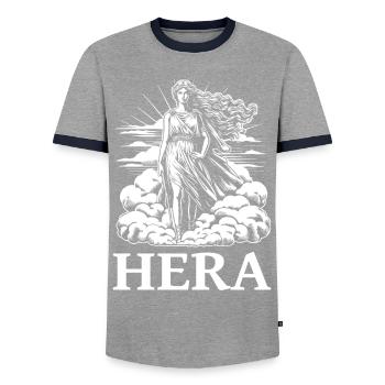 Héra, la déesse grecque – Design pour Mytholog - T-shirt contrasté Homme - gris/marine  - Devant - AI Model Female 172 light (172cm) & AI Model Male 178 light (178cm)