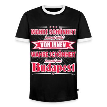 True beauty comes from Budapest Design - Men's Ringer Shirt - black/white - Front - AI Model Female 172 light (172cm) & AI Model Male 178 light (178cm)