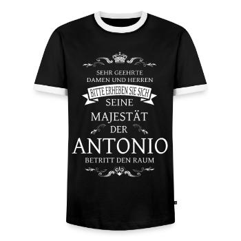 His Majesty the Anotnio enters the room - Men's Ringer Shirt - black/white - Front - AI Model Female 172 light (172cm) & AI Model Male 178 light (178cm)
