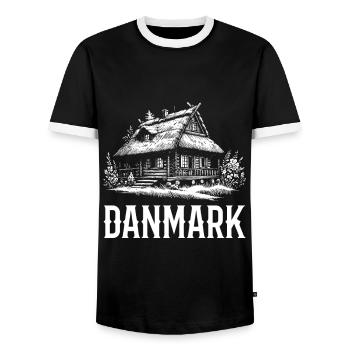 Denmark Nature Wooden House with Thatched Roof Design - Men's Ringer Shirt - black/white - Front - AI Model Female 172 light (172cm) & AI Model Male 178 light (178cm)