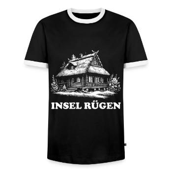 Island of Rügen Nature Wooden house with thatched roof design - Men's Ringer Shirt - black/white - Front - AI Model Female 172 light (172cm) & AI Model Male 178 light (178cm)