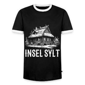 Island of Sylt Nature Wooden House with Thatched Roof Design - Men's Ringer Shirt - black/white - Front - AI Model Female 172 light (172cm) & AI Model Male 178 light (178cm)