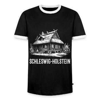 Schleswig-Holstein Natur Holzhaus mit Reetdach - Männer Kontrast-T-Shirt - Schwarz/Weiß - Vorne - AI Model Female 172 light (172cm) & AI Model Male 178 light (178cm)