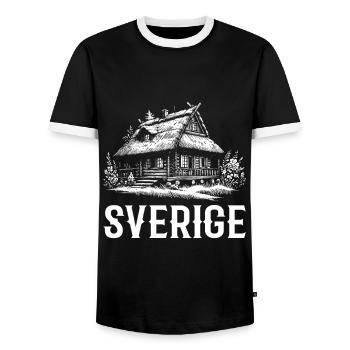 Sweden Nature Wooden House with Thatched Roof Design - Men's Ringer Shirt - black/white - Front - AI Model Female 172 light (172cm) & AI Model Male 178 light (178cm)