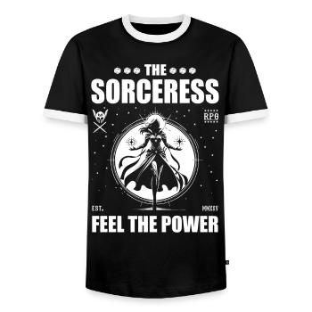 The Sorceress – Feel the Power – Magician Design - Men's Ringer Shirt - black/white - Front - AI Model Female 172 light (172cm) & AI Model Male 178 light (178cm)