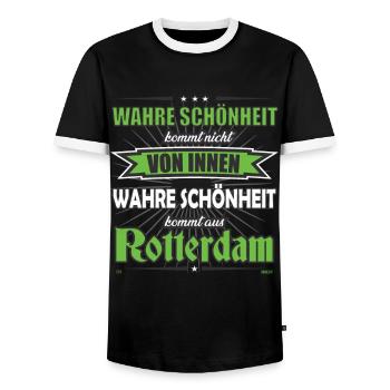 True beauty comes from Rotterdam design - Men's Ringer Shirt - black/white - Front - AI Model Female 172 light (172cm) & AI Model Male 178 light (178cm)