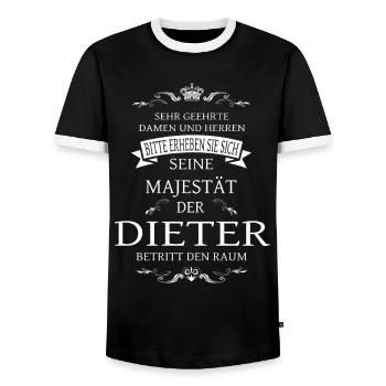 His Majesty the Dieter enters the room - Men's Ringer Shirt - black/white - Front - AI Model Female 172 light (172cm) & AI Model Male 178 light (178cm)