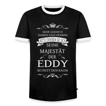 His Majesty the Eddy enters the room - Men's Ringer Shirt - black/white - Front - AI Model Female 172 light (172cm) & AI Model Male 178 light (178cm)