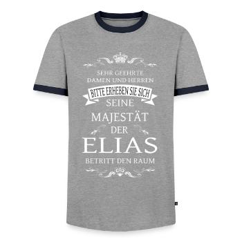 His Majesty the Elijah enters the room - Men's Ringer Shirt - grey/navy  - Front - AI Model Female 172 light (172cm) & AI Model Male 178 light (178cm)