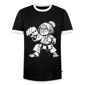 Grandma Martial Artist – The Wisdom of Strength - Men's Ringer Shirt - black/white - Front - AI Model Female 172 light (172cm) & AI Model Male 178 light (178cm)