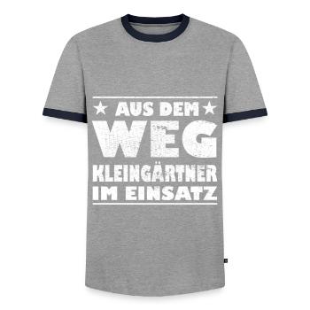 À l’écart : les jardiniers des jardins familiaux en action Design - T-shirt contrasté Homme - gris/marine  - Devant - AI Model Female 172 light (172cm) & AI Model Male 178 light (178cm)