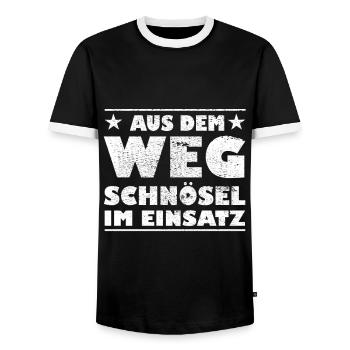 Out of the Way Snobs in Action Design - Men's Ringer Shirt - black/white - Front - AI Model Female 172 light (172cm) & AI Model Male 178 light (178cm)