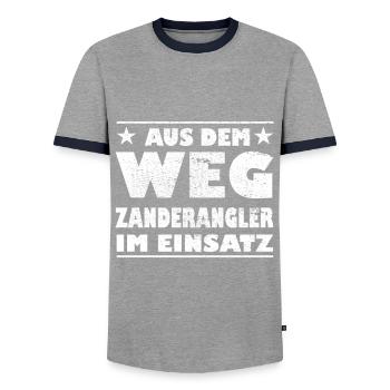 À l’écart : les pêcheurs de sandres en action Design - T-shirt contrasté Homme - gris/marine  - Devant - AI Model Female 172 light (172cm) & AI Model Male 178 light (178cm)
