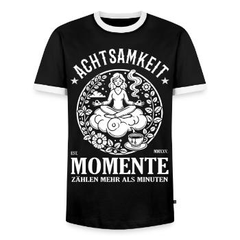 Momente zählen mehr als Minuten – Achtsamkeit Desi - Männer Kontrast-T-Shirt - Schwarz/Weiß - Vorne - AI Model Female 172 light (172cm) & AI Model Male 178 light (178cm)