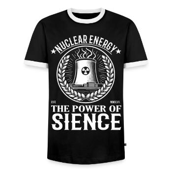 Nuclear Energy – The Power of Science - Men's Ringer Shirt - black/white - Front - AI Model Female 172 light (172cm) & AI Model Male 178 light (178cm)