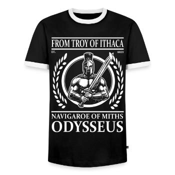 Odysseus – The Navigator from Troy to Ithaca - Men's Ringer Shirt - black/white - Front - AI Model Female 172 light (172cm) & AI Model Male 178 light (178cm)