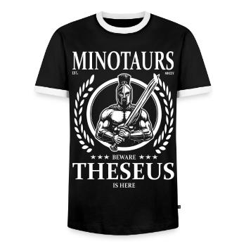 Thésée – Minotaures attention, Thésée est là - T-shirt contrasté Homme - noir/blanc - Devant - AI Model Female 172 light (172cm) & AI Model Male 178 light (178cm)