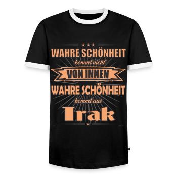 True beauty comes from Iraq design - Men's Ringer Shirt - black/white - Front - AI Model Female 172 light (172cm) & AI Model Male 178 light (178cm)