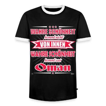 True beauty comes from Oman design - Men's Ringer Shirt - black/white - Front - AI Model Female 172 light (172cm) & AI Model Male 178 light (178cm)