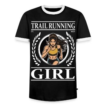 Fille de course sur sentier – La coureuse de la nature - T-shirt contrasté Homme - noir/blanc - Devant - AI Model Female 172 light (172cm) & AI Model Male 178 light (178cm)