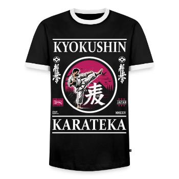 Kyokushin Karateka – Path to the Ultimate Discipline - Men's Ringer Shirt - black/white - Front - AI Model Female 172 light (172cm) & AI Model Male 178 light (178cm)