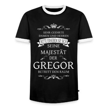Seine Majestät der Gregor betritt den Raum - Männer Kontrast-T-Shirt - Schwarz/Weiß - Vorne - AI Model Female 172 light (172cm) & AI Model Male 178 light (178cm)