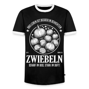 Onions – Life is better in layers - Men's Ringer Shirt - black/white - Front - AI Model Female 172 light (172cm) & AI Model Male 178 light (178cm)