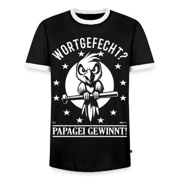 Lustiger Papagei – Wortgefecht? Papagei gewinnt - Männer Kontrast-T-Shirt - Schwarz/Weiß - Vorne - AI Model Female 172 light (172cm) & AI Model Male 178 light (178cm)