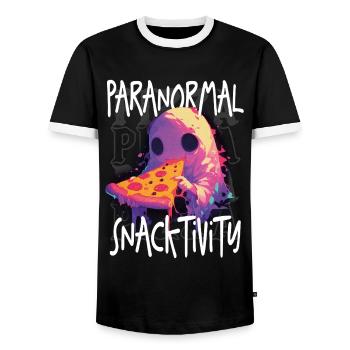 Paranormal Snacktivity - Cute Ghost Eating Pizza - Men's Ringer Shirt - black/white - Front - AI Model Female 172 light (172cm) & AI Model Male 178 light (178cm)