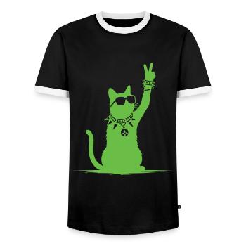 Green rock music cat for the cat fan. - Men's Ringer Shirt - black/white - Front - AI Model Female 172 light (172cm) & AI Model Male 178 light (178cm)