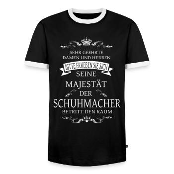 His Majesty the Shoemaker enters the room - Men's Ringer Shirt - black/white - Front - AI Model Female 172 light (172cm) & AI Model Male 178 light (178cm)