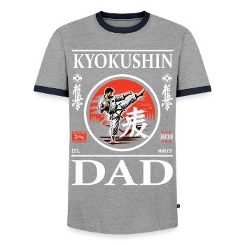 Kyokushin Karate Dad Design with Karateka and Kanji - Men's Ringer Shirt - grey/navy  - Front - AI Model Female 172 light (172cm) & AI Model Male 178 light (178cm)