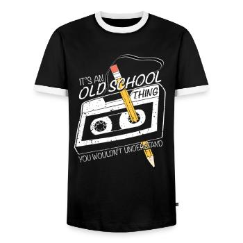 Design Drôle Génération 70 80, Cassette audio - T-shirt contrasté Homme - noir/blanc - Devant - AI Model Female 172 light (172cm) & AI Model Male 178 light (178cm)