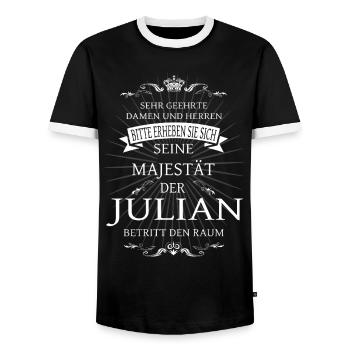 His Majesty Julian enters the room - Men's Ringer Shirt - black/white - Front - AI Model Female 172 light (172cm) & AI Model Male 178 light (178cm)