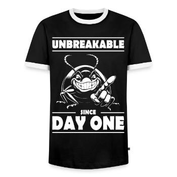 Unbreakable Since Day One – Lustige Kakerlake - Männer Kontrast-T-Shirt - Schwarz/Weiß - Vorne - AI Model Female 172 light (172cm) & AI Model Male 178 light (178cm)