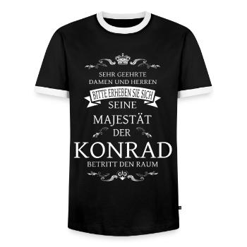 His Majesty the Conrad enters the room - Men's Ringer Shirt - black/white - Front - AI Model Female 172 light (172cm) & AI Model Male 178 light (178cm)