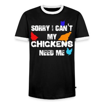 My Chickens Need Me T-shirt - Men's Ringer Shirt - black/white - Front - AI Model Female 172 light (172cm) & AI Model Male 178 light (178cm)