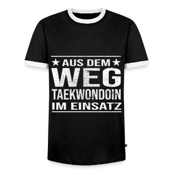Out of the Way Taekwondoin in Action Design - Men's Ringer Shirt - black/white - Front - AI Model Female 172 light (172cm) & AI Model Male 178 light (178cm)