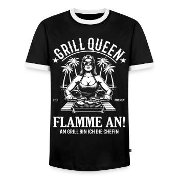 Grill Queen - Flame on at the Grill - Men's Ringer Shirt - black/white - Front - AI Model Female 172 light (172cm) & AI Model Male 178 light (178cm)