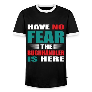 Have no Fear the Buchhändler is here Outfit - Men's Ringer Shirt - black/white - Front - AI Model Female 172 light (172cm) & AI Model Male 178 light (178cm)