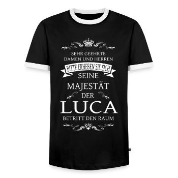 His Majesty Luca enters the room - Men's Ringer Shirt - black/white - Front - AI Model Female 172 light (172cm) & AI Model Male 178 light (178cm)