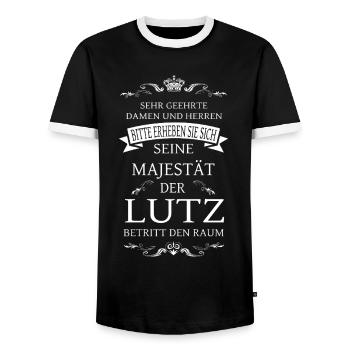 His Majesty the Lutz enters the room - Men's Ringer Shirt - black/white - Front - AI Model Female 172 light (172cm) & AI Model Male 178 light (178cm)