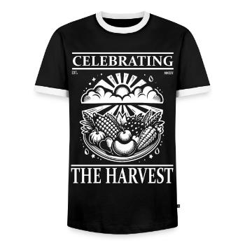 Harvest Thanksgiving Design – Celebrating the Harvest - Men's Ringer Shirt - black/white - Front - AI Model Female 172 light (172cm) & AI Model Male 178 light (178cm)