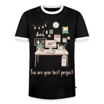 selfdevelopment shirt for friend motivation tshirt - Men's Ringer Shirt - black/white - Front - AI Model Female 172 light (172cm) & AI Model Male 178 light (178cm)