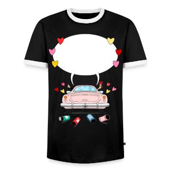 Hochzeitsauto mit Sprechblase in Rosa - Männer Kontrast-T-Shirt - Schwarz/Weiß - Vorne - AI Model Female 172 light (172cm) & AI Model Male 178 light (178cm)