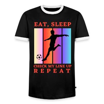 Essen Schlaf Überprüfe meine Aufstellung Wiederholung Fantasy Football - Männer Kontrast-T-Shirt - Schwarz/Weiß - Vorne - AI Model Female 172 light (172cm) & AI Model Male 178 light (178cm)