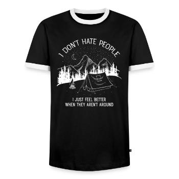 I Don't Hate People...Mountains, Camping, Campfire - Men's Ringer Shirt - black/white - Front - AI Model Female 172 light (172cm) & AI Model Male 178 light (178cm)