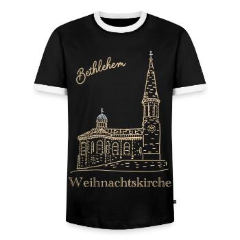 Weihnachtskirche Bethlehem Handzeichnung - Männer Kontrast-T-Shirt - Schwarz/Weiß - Vorne - AI Model Female 172 light (172cm) & AI Model Male 178 light (178cm)