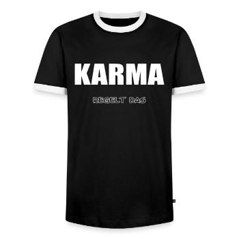 Karma regelt das schon Schicksal Karma Spruch - Männer Kontrast-T-Shirt - Schwarz/Weiß - Vorne - AI Model Female 172 light (172cm) & AI Model Male 178 light (178cm)