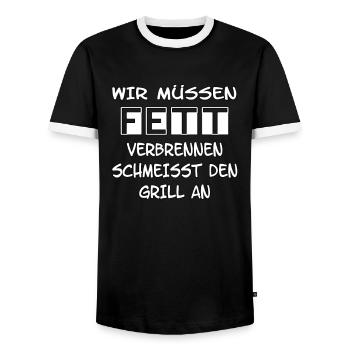 Wir müssen Fett verbrennen Schmeiß den Grill an! - Männer Kontrast-T-Shirt - Schwarz/Weiß - Vorne - AI Model Female 172 light (172cm) & AI Model Male 178 light (178cm)